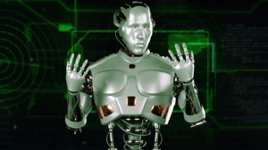 a robot is standing in front of a green background