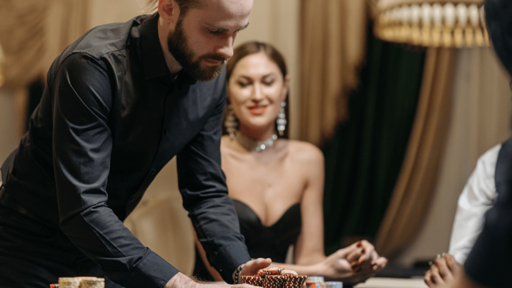 a group of people playing poker at a casino table